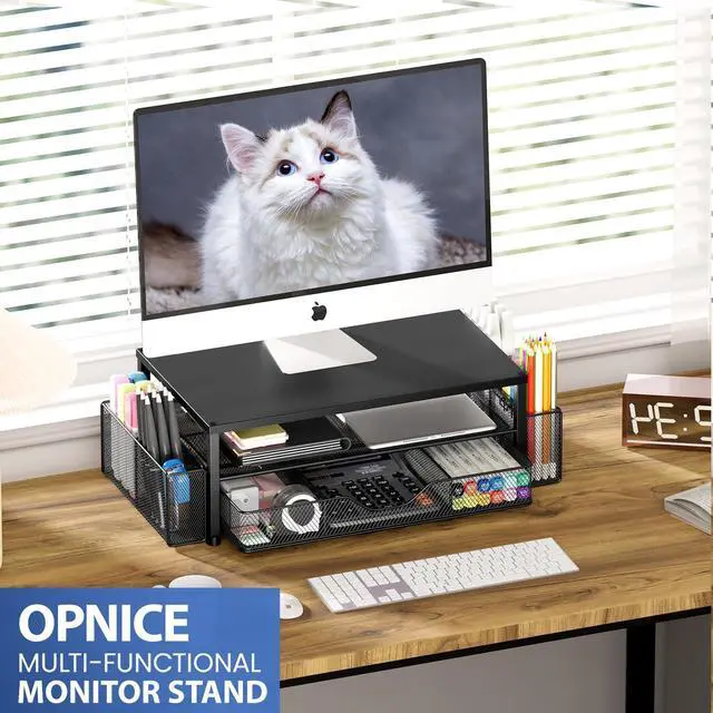 Alt view image 13 of 14 - Desk Organizer and Accessories, 2-Tier Computer Monitor Stand Riser with Drawer and 2 Pen Holders, Laptop Stand, Office Desk Accessories for Office Supplies, Black