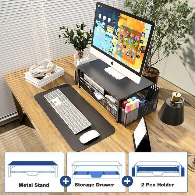 Alt view image 14 of 14 - Desk Organizer and Accessories, 2-Tier Computer Monitor Stand Riser with Drawer and 2 Pen Holders, Laptop Stand, Office Desk Accessories for Office Supplies, Black