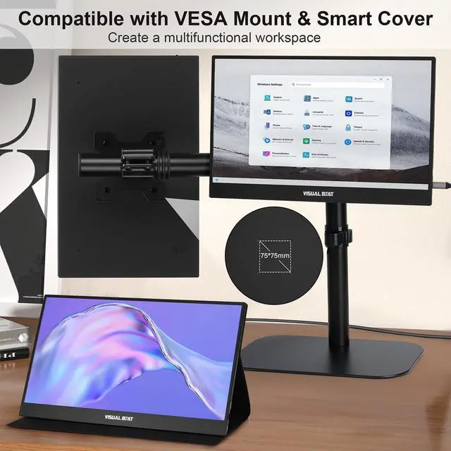 Alt view image 12 of 14 - Portable Monitor 15.6'' 1080P FHD USB-C HDMI Computer Display IPS HDR VESA w/Smart Cover Dual Speakers for Laptop PC Mac Phone PS4/5 Xbox