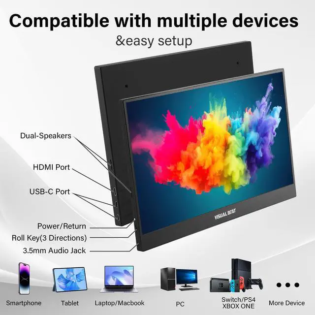 Alt view image 14 of 14 - Portable Monitor 15.6'' 1080P FHD USB-C HDMI Computer Display IPS HDR VESA w/Smart Cover Dual Speakers for Laptop PC Mac Phone PS4/5 Xbox