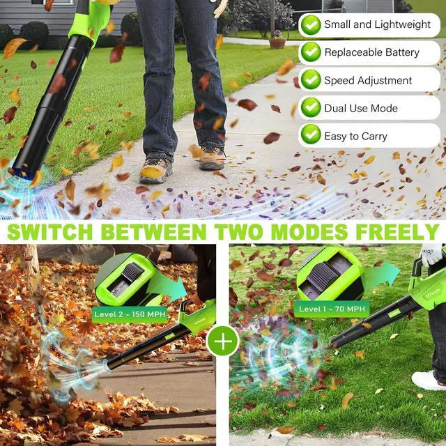 Alt view image 12 of 14 - 2026 Upgrade Leaf Blower, Leaf Blower Cordless with 2 * 2.6AH Batteries and Fast Charger, 450CFM &150MPH and 2 Speed Mode, Lightweight Electric Leaf Blowers for Lawn, Yard, Leaves, Dust Care (Green)