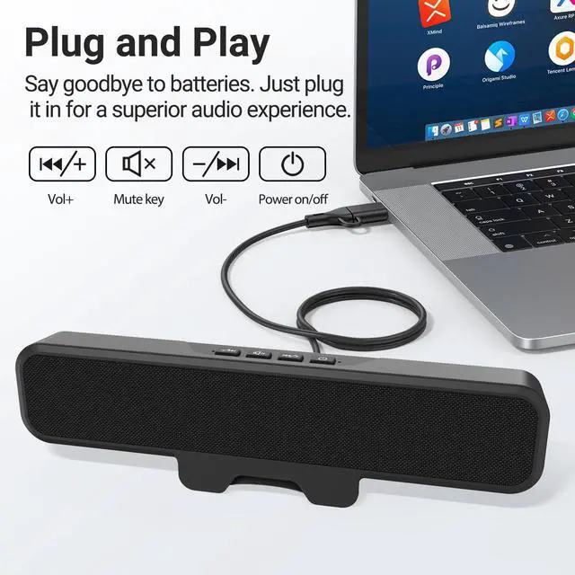 Alt view image 10 of 12 - Computer Speakers for Desktop PC, USB Monitor Speakers with Clip, Wired Computer Sound Bar for Laptop with Loud Sound & Bass, Easily Clamps to Monitors (USB-C to USBAdapter Included)