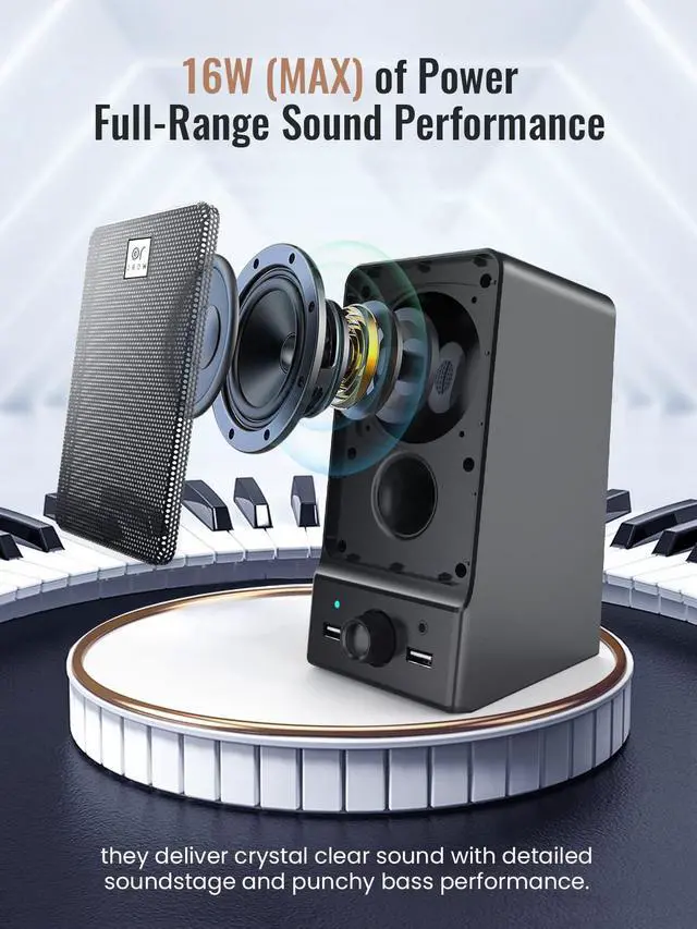 Alt view image 13 of 14 - USB Computer Speakers,Hi-Fi Stereo PC Speakers,16W Desktop Speaker,Built-in DSP Sound Chip, Deep Bass&Pure Vocal,Laptop Speakers with Headphone Jack(S203)