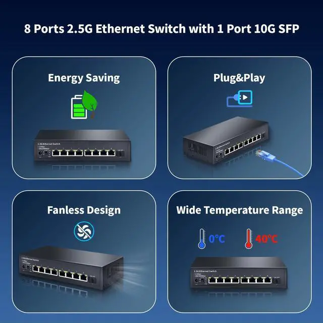 Alt view image 7 of 8 - 8-Port 2.5G Ethernet Switch with 10G SFP | Plug-and-Play Unmanaged Network Switch | 60Gbps Switching Capacity | Compatible with Gigabit/2.5Gb Multi-Gig for NAS, PC, Gaming & Home Office