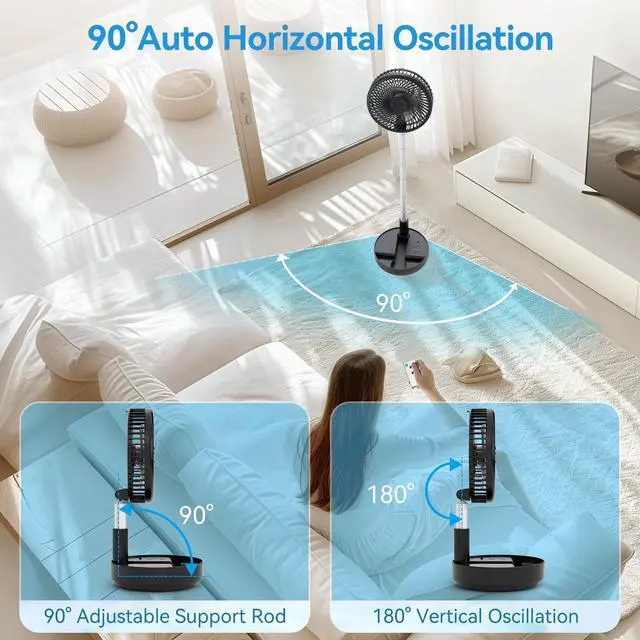 Alt view image 10 of 14 - Portable Oscillating Rechargeable Fan, Battery Operated with 4 Speed Settings & Remote Control, Desk Travel Pedestal Fan for Sleeping, Camping, Cruise, RV - Black 8" USB C