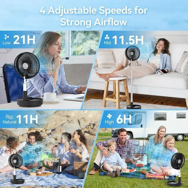 Alt view image 12 of 14 - Portable Oscillating Rechargeable Fan, Battery Operated with 4 Speed Settings & Remote Control, Desk Travel Pedestal Fan for Sleeping, Camping, Cruise, RV - Black 8" USB C