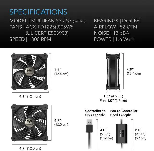 Alt view image 13 of 14 - MULTIFAN S7, Quiet Dual 120mm USB Fan, UL-Certified for Receiver DVR PlayStation Xbox Computer Cabinet Cooling