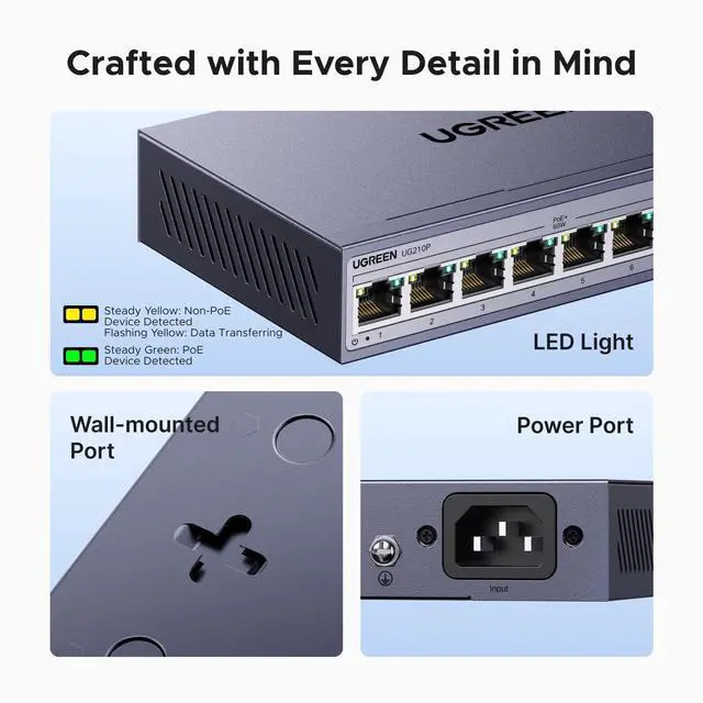 Alt view image 14 of 14 - Ethernet Switch, 10-Port PoE Switch, 8 PoE+@60W + 2 Gigabit Uplink, Plug & Play, Standard/Port Isolation(VLAN)/Extend Mode, PoE Auto Recovery, Metal Unmanaged Network Hub for Security Camera