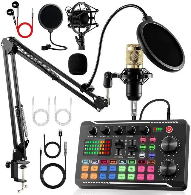 Alt view image 8 of 14 - Podcast Equipment Bundle, Podcast Equipment with BM-800 Microphone(Gold) & F998 Sound Card, Recording Studio Equipment for Podcasting, Singing, Gaming, and Live Streaming YouTube Tiktok