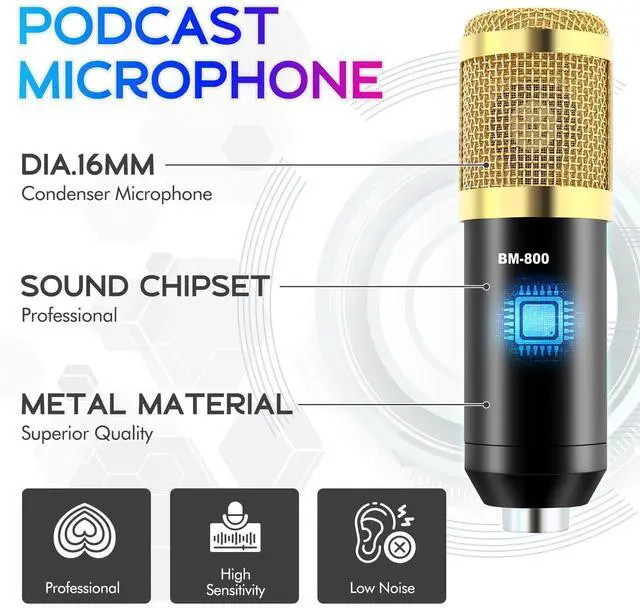 Alt view image 10 of 14 - Podcast Equipment Bundle, Podcast Equipment with BM-800 Microphone(Gold) & F998 Sound Card, Recording Studio Equipment for Podcasting, Singing, Gaming, and Live Streaming YouTube Tiktok