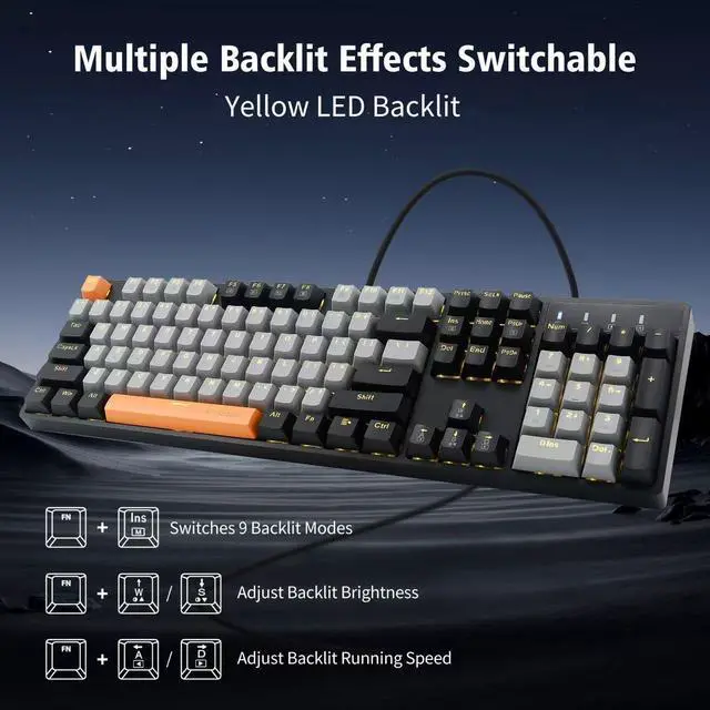Alt view image 9 of 12 - Z-14 Wired Mechanical Gaming Keyboard 104 Key, Red Switch Hot Swappable Full-Size Office Work Computer Keyboards, Solid Yellow Backlit Mechanical Keyboard for PC Mac, Black
