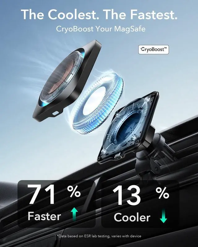 Alt view image 9 of 14 - for 15W MagSafe Car Mount Charger with CryoBoost, Phone Cooling MagSafe Car Charger, Air Vent/Dashboard Wireless Charging for iPhone 17e/17/16/15/14/13/12, S26/S25 Series, Pixel 10, Fast Charger