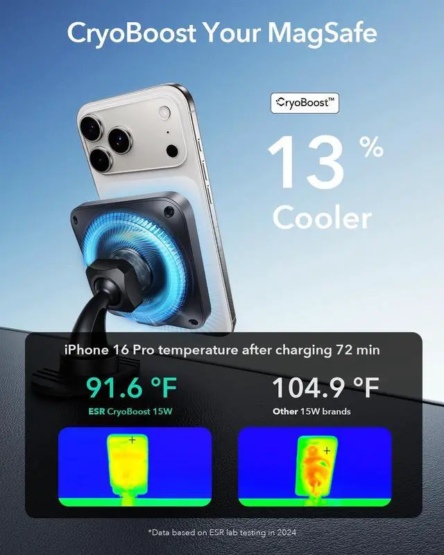 Alt view image 11 of 14 - for 15W MagSafe Car Mount Charger with CryoBoost, Phone Cooling MagSafe Car Charger, Air Vent/Dashboard Wireless Charging for iPhone 17e/17/16/15/14/13/12, S26/S25 Series, Pixel 10, Fast Charger