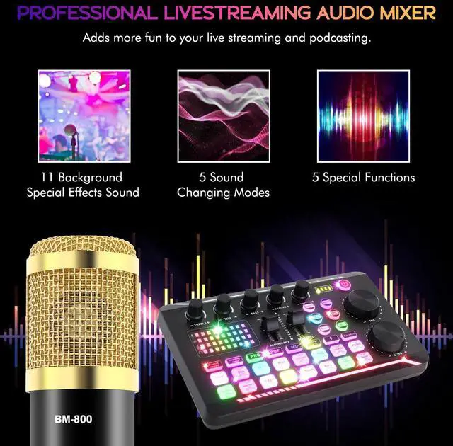 Alt view image 12 of 14 - Podcast Equipment Bundle, Podcast Equipment with BM-800 Microphone(Gold) & F998 Sound Card, Recording Studio Equipment for Podcasting, Singing, Gaming, and Live Streaming YouTube Tiktok