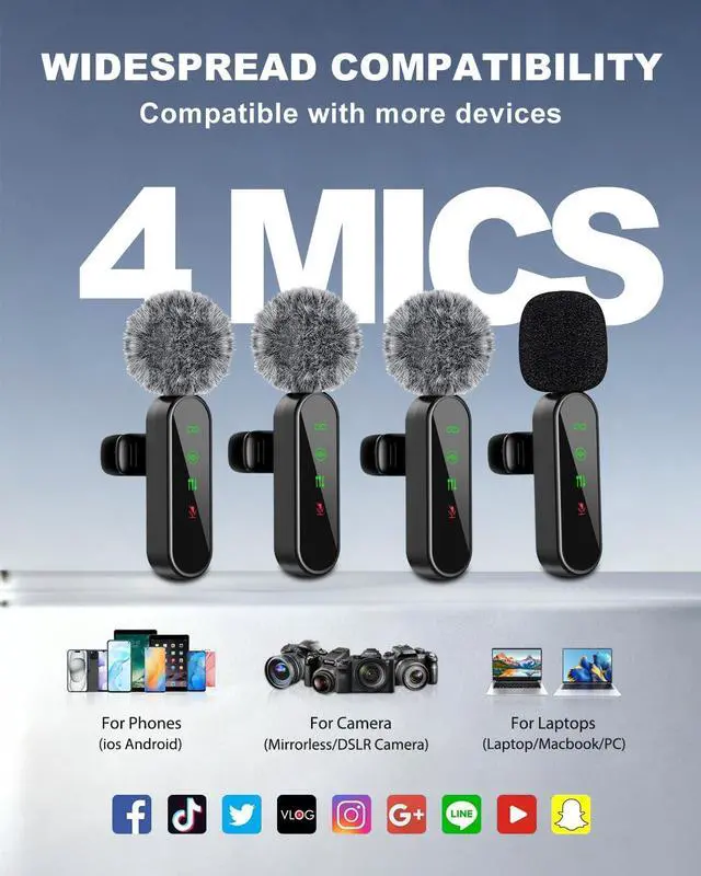 Alt view image 11 of 14 - 4 Packs Wireless Lavalier Microphone for iPhone/Android/Camera, Upgraded Mini Microphone with Noise Reduction, Mic for Video Recording, Podcasts, YouTube, TikTok, and Vlogging