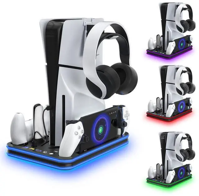 Alt view image 8 of 14 - PlayStation Portal Charger, PS5 Stand and Cooling Station with RGB LED Controller Charging Dock Accessories, PS5 Edge Controller and PS Portal Charger, Headset and Remote Holders