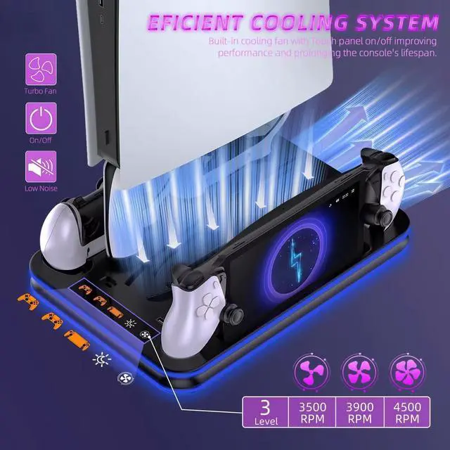 Alt view image 9 of 14 - PlayStation Portal Charger, PS5 Stand and Cooling Station with RGB LED Controller Charging Dock Accessories, PS5 Edge Controller and PS Portal Charger, Headset and Remote Holders