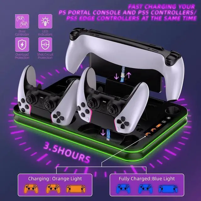 Alt view image 10 of 14 - PlayStation Portal Charger, PS5 Stand and Cooling Station with RGB LED Controller Charging Dock Accessories, PS5 Edge Controller and PS Portal Charger, Headset and Remote Holders
