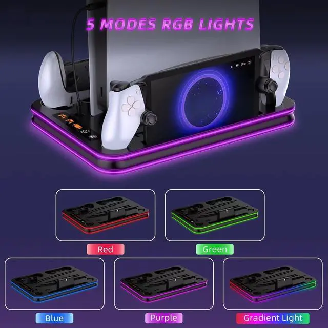 Alt view image 11 of 14 - PlayStation Portal Charger, PS5 Stand and Cooling Station with RGB LED Controller Charging Dock Accessories, PS5 Edge Controller and PS Portal Charger, Headset and Remote Holders