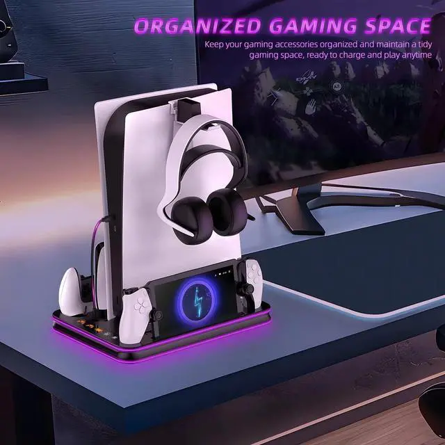 Alt view image 13 of 14 - PlayStation Portal Charger, PS5 Stand and Cooling Station with RGB LED Controller Charging Dock Accessories, PS5 Edge Controller and PS Portal Charger, Headset and Remote Holders