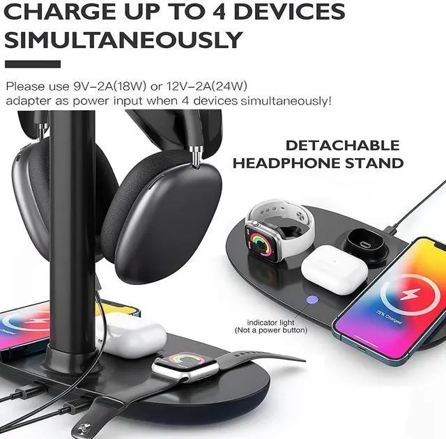Alt view image 9 of 14 - Airpod Max Charger Stand with 15w Wireless Charger, 4 in 1 Headset Holder for Apple Accessories Charging with AirPods Max/Pro/iWatch/iPhone/Vision Pro, Headphones Stand for Desk Organizer