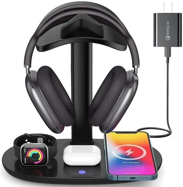 Alt view image 8 of 14 - Airpod Max Charger Stand with 15w Wireless Charger, 4 in 1 Headset Holder for Apple Accessories Charging with AirPods Max/Pro/iWatch/iPhone/Vision Pro, Headphones Stand for Desk Organizer
