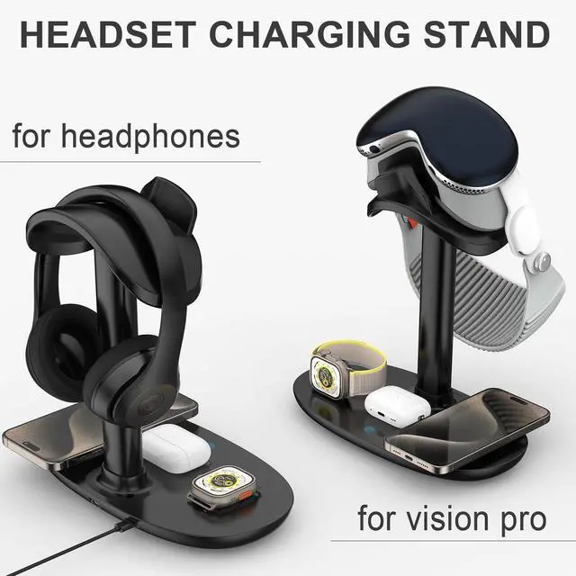Alt view image 12 of 14 - Airpod Max Charger Stand with 15w Wireless Charger, 4 in 1 Headset Holder for Apple Accessories Charging with AirPods Max/Pro/iWatch/iPhone/Vision Pro, Headphones Stand for Desk Organizer