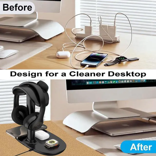 Alt view image 11 of 14 - Airpod Max Charger Stand with 15w Wireless Charger, 4 in 1 Headset Holder for Apple Accessories Charging with AirPods Max/Pro/iWatch/iPhone/Vision Pro, Headphones Stand for Desk Organizer