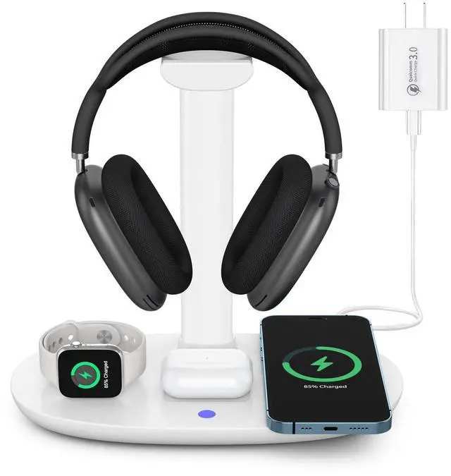 Alt view image 8 of 14 - Headphone Stand with 15w Wireless Charger, 4 in 1 Charging Station Headset Holder for AirPods Max/Pro/4/3/2 iWatch 10/9/8/7/6/5/4/3/2/1/SE iPhone 17/16/15/14/13/12/11/X for Desktop Table Game