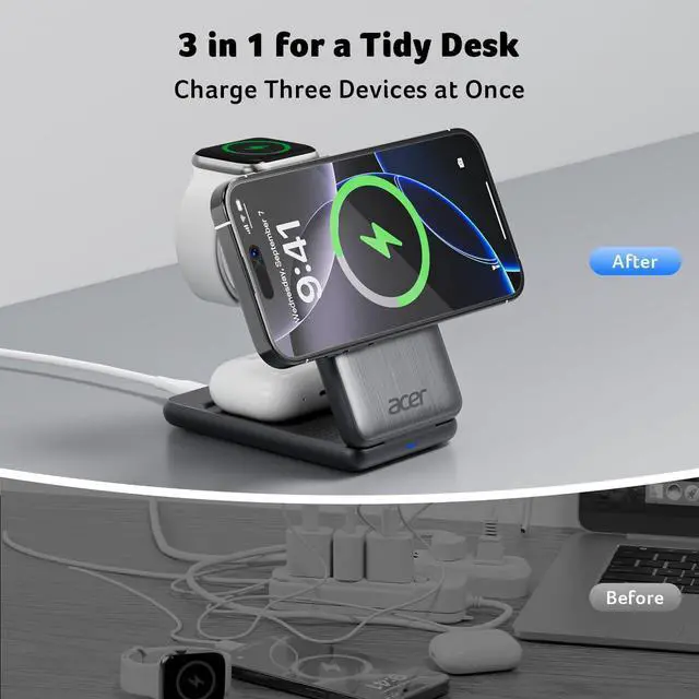Alt view image 9 of 14 - 3 in 1 Charging Station for Apple Device, Magnetic Wireless Foldable Fast Charger Stand Compatible with MagSafe for iPhone, Apple Watch & AirPods, Foldable Charging Dock for Desk S3