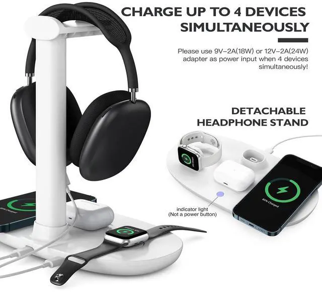Alt view image 10 of 14 - Headphone Stand with 15w Wireless Charger, 4 in 1 Charging Station Headset Holder for AirPods Max/Pro/4/3/2 iWatch 10/9/8/7/6/5/4/3/2/1/SE iPhone 17/16/15/14/13/12/11/X for Desktop Table Game