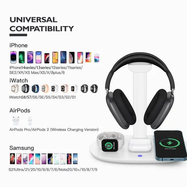 Alt view image 9 of 14 - Headphone Stand with 15w Wireless Charger, 4 in 1 Charging Station Headset Holder for AirPods Max/Pro/4/3/2 iWatch 10/9/8/7/6/5/4/3/2/1/SE iPhone 17/16/15/14/13/12/11/X for Desktop Table Game