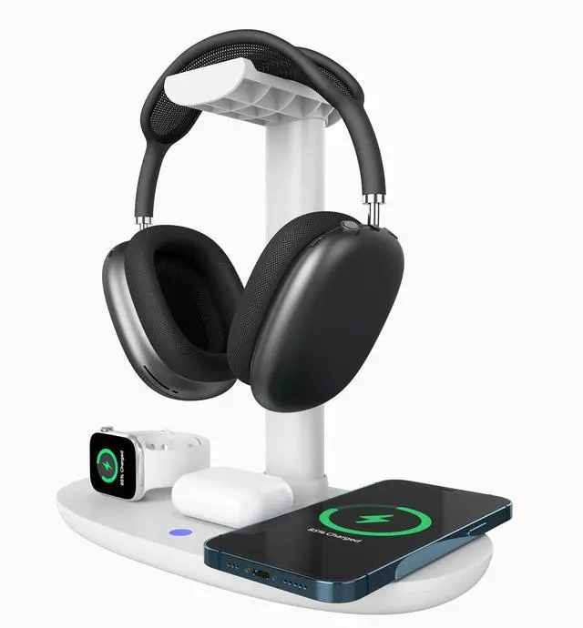 Alt view image 14 of 14 - Headphone Stand with 15w Wireless Charger, 4 in 1 Charging Station Headset Holder for AirPods Max/Pro/4/3/2 iWatch 10/9/8/7/6/5/4/3/2/1/SE iPhone 17/16/15/14/13/12/11/X for Desktop Table Game