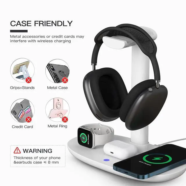 Alt view image 12 of 14 - Headphone Stand with 15w Wireless Charger, 4 in 1 Charging Station Headset Holder for AirPods Max/Pro/4/3/2 iWatch 10/9/8/7/6/5/4/3/2/1/SE iPhone 17/16/15/14/13/12/11/X for Desktop Table Game
