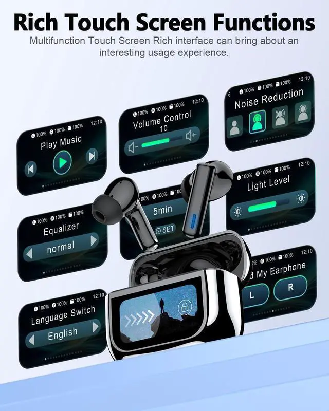 Alt view image 9 of 14 - Wireless Earbuds Bluetooth Headphones, ANC/ENC Noise Cancelling, Ear Buds with Multifuntional Touch Screen, 40H Stereo Sound for Sports, IPX7 Clear Calls, 5 EQ for iOS Android (Black)