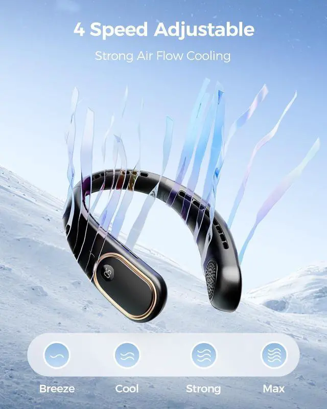 Alt view image 11 of 14 - Portable Neck Fan - 5000mAh Rechargeable Hands-Free Wearable Fan | 4 Speeds, Bladeless & LED Display | Personal Cooling Fan for Travel, Outdoors, Camping - Black