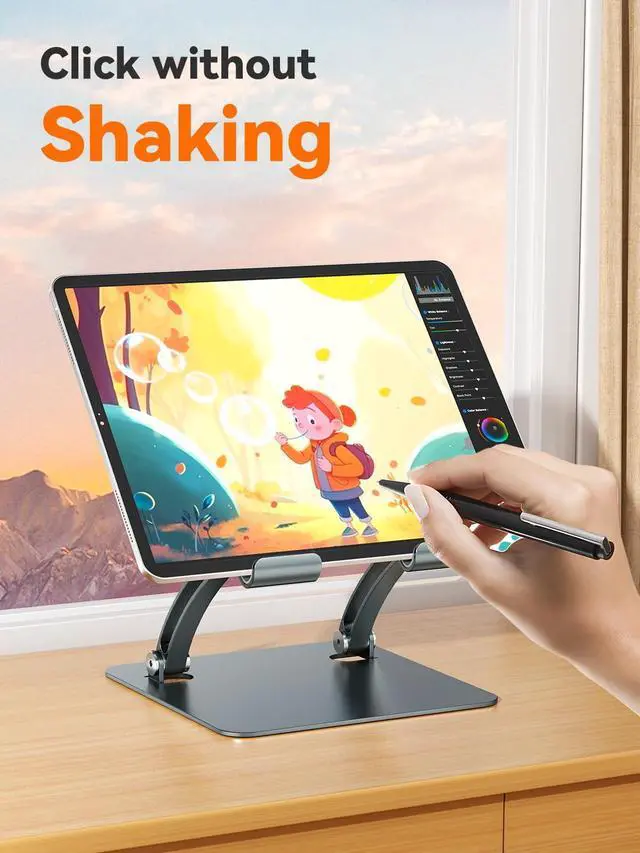 Alt view image 9 of 12 - Tablet Holder Stand, Dual Rod Adjustable Aluminum Desktop Stand, Compatible with 4.7-16.9" iPads, Surface Tablets, Portable Monitors, Kindle & More (Gray)