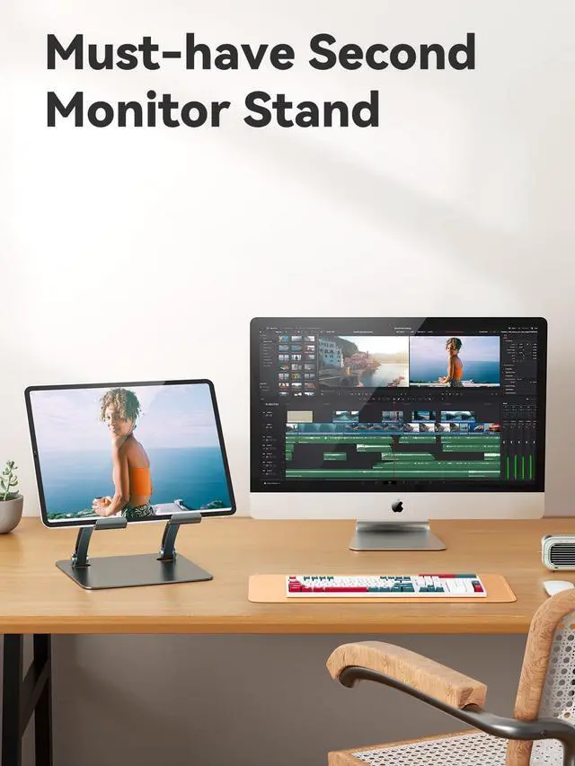 Alt view image 10 of 12 - Tablet Holder Stand, Dual Rod Adjustable Aluminum Desktop Stand, Compatible with 4.7-16.9" iPads, Surface Tablets, Portable Monitors, Kindle & More (Gray)