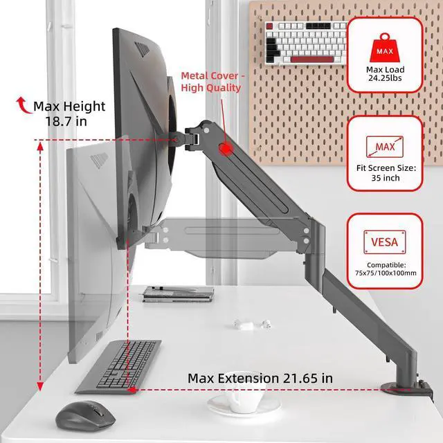 Alt view image 9 of 14 - Monitor Mount Gas Spring Monitor Arm Desk Mount Fully Adjustable Fits 17 20 22 23 24 26 27 32 35 inch Monitors Weight Capacity up to 24.25 lbs