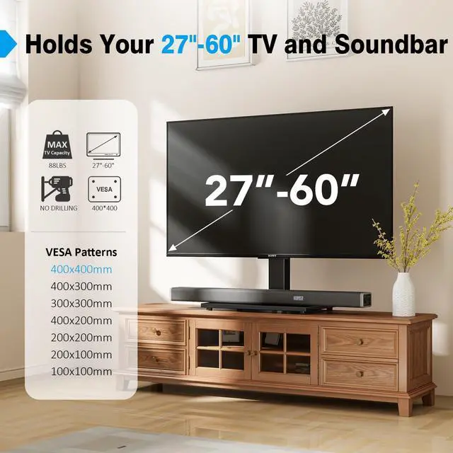 Alt view image 9 of 14 - Universal TV Stand - Table Top TV Stand for 27-60 inch LCD LED TVs - 9 Level Height Adjustable TV Base Stand with Tempered Glass Base & Wire Management, VESA 400x400mm