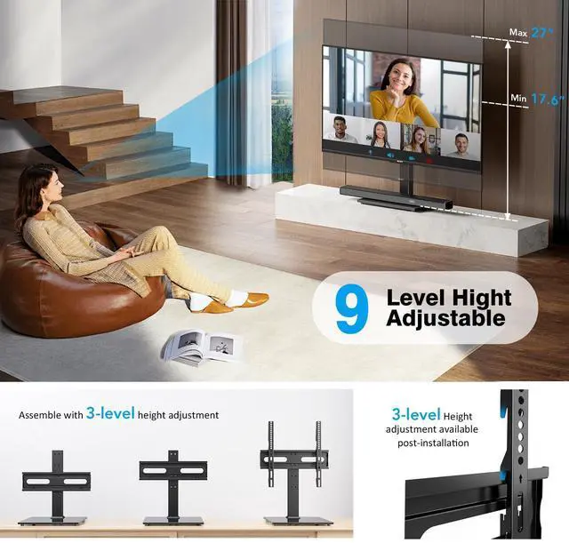 Alt view image 10 of 14 - Universal TV Stand - Table Top TV Stand for 27-60 inch LCD LED TVs - 9 Level Height Adjustable TV Base Stand with Tempered Glass Base & Wire Management, VESA 400x400mm