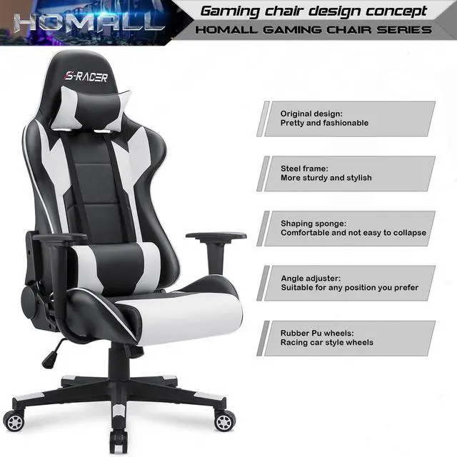 Alt view image 9 of 14 - Gaming Chair, Office Chair High Back Computer Chair Leather Desk Chair Racing Executive Ergonomic Adjustable Swivel Task Chair with Headrest and Lumbar Support (White)