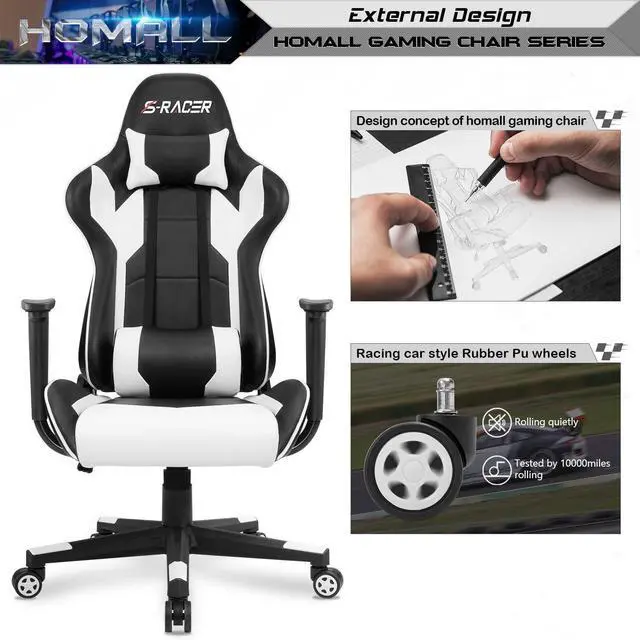 Alt view image 10 of 14 - Gaming Chair, Office Chair High Back Computer Chair Leather Desk Chair Racing Executive Ergonomic Adjustable Swivel Task Chair with Headrest and Lumbar Support (White)