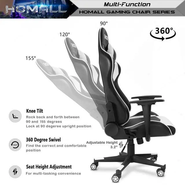 Alt view image 12 of 14 - Gaming Chair, Office Chair High Back Computer Chair Leather Desk Chair Racing Executive Ergonomic Adjustable Swivel Task Chair with Headrest and Lumbar Support (White)