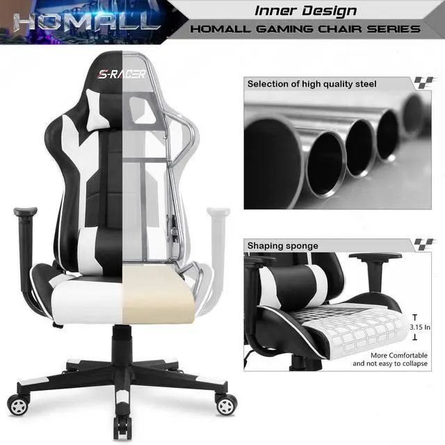 Alt view image 11 of 14 - Gaming Chair, Office Chair High Back Computer Chair Leather Desk Chair Racing Executive Ergonomic Adjustable Swivel Task Chair with Headrest and Lumbar Support (White)