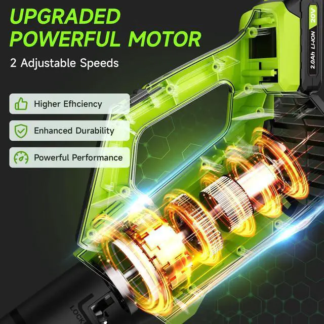 Alt view image 10 of 14 - Leaf Blower Cordless, Leaf Blower with Battery and Charger - 2 Speed Modes, 2 Batteries, 20V Powerful Lightweight Electric Blowers for Blowing Leaves, Lawn Care, Patio Cleaning and Dust, Green