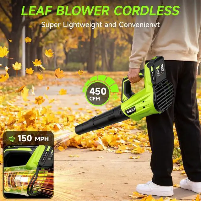 Alt view image 9 of 14 - Leaf Blower Cordless, Leaf Blower with Battery and Charger - 2 Speed Modes, 2 Batteries, 20V Powerful Lightweight Electric Blowers for Blowing Leaves, Lawn Care, Patio Cleaning and Dust, Green