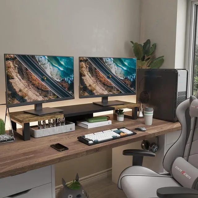 Alt view image 11 of 12 - Dual Monitor Stand Riser, Wood and Steel Multi-Purpose Desktop Storage Stand for 2 Monitors for Computer, Laptop, Printer, TV, Rustic Brown