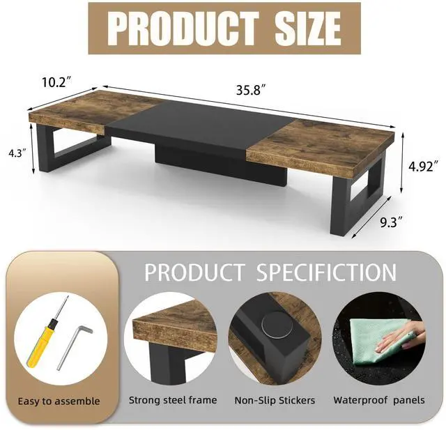 Alt view image 12 of 12 - Dual Monitor Stand Riser, Wood and Steel Multi-Purpose Desktop Storage Stand for 2 Monitors for Computer, Laptop, Printer, TV, Rustic Brown