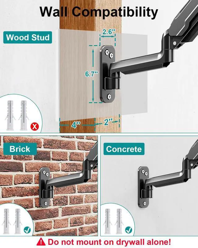 Alt view image 12 of 14 - Single Monitor Wall Mount for 13 to 32 Inch Computer Screens, Height Adjustable Wall Mount Monitor Arm Holds Up to 19.8lbs, Full Motion Wall Bracket, VESA Mount 75x75, 100x100, Black